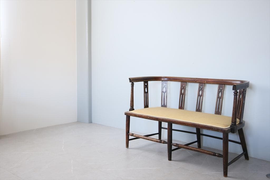 英国アンティーク2人掛けソファ/セティ/サロンチェア/木製イスベンチ(91-23