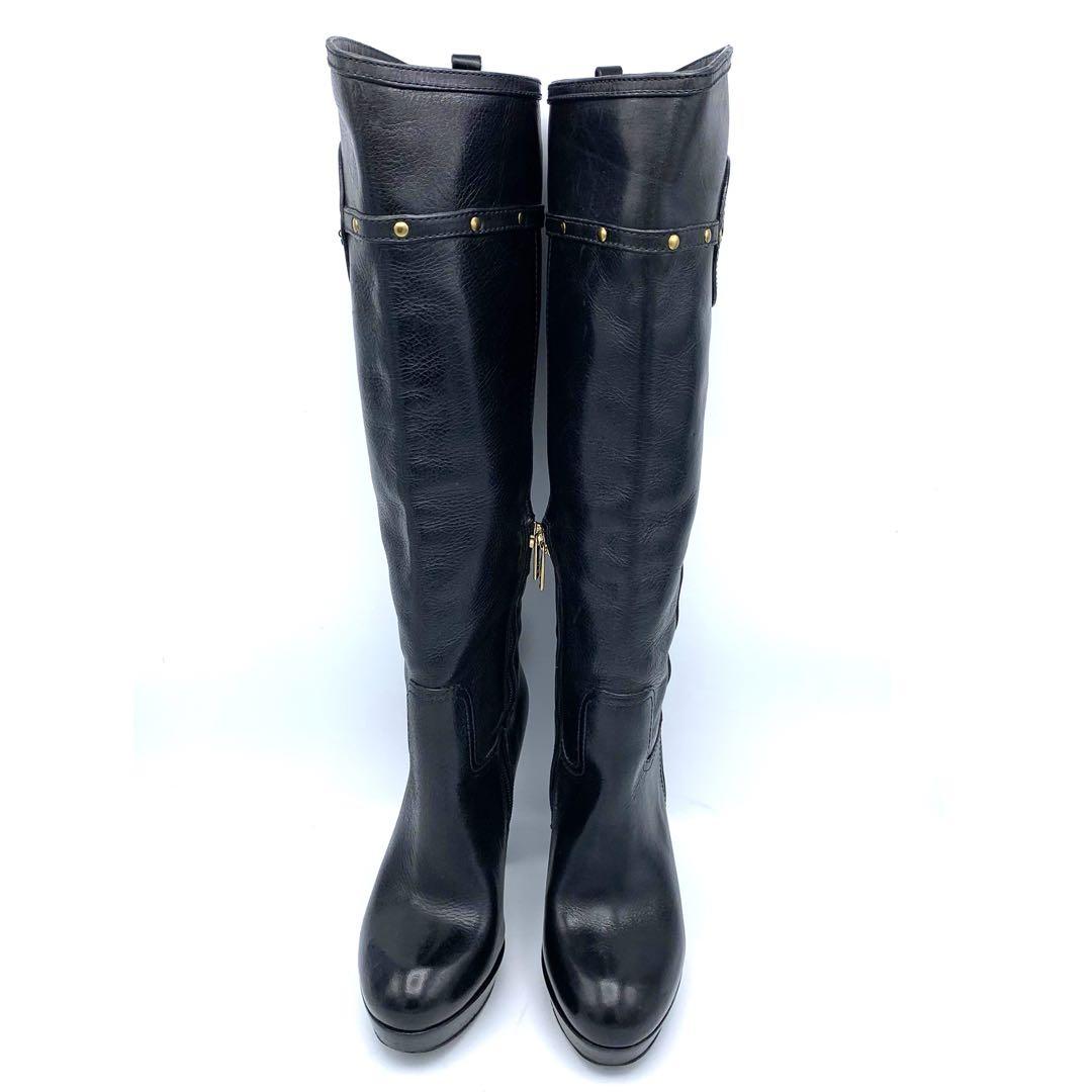 トリーバーチ　ロングブーツ　ブラック　レザー　ロゴ