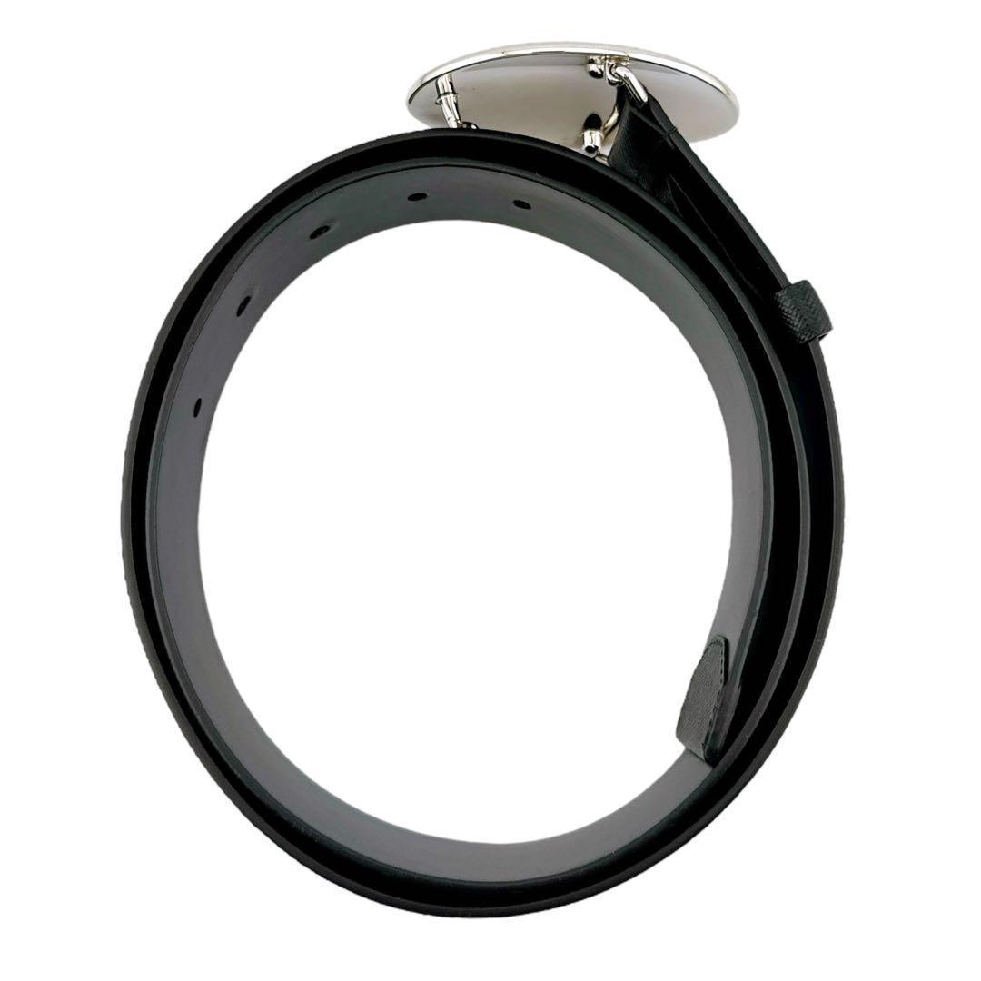 美品◇プラダ サフィアーノレザー メタル ロゴ ベルト ブラック ユニセックス