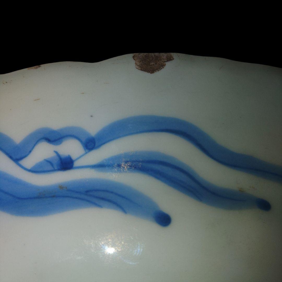 古伊万里　山水楼閣文染付輪花皿　直径40cm