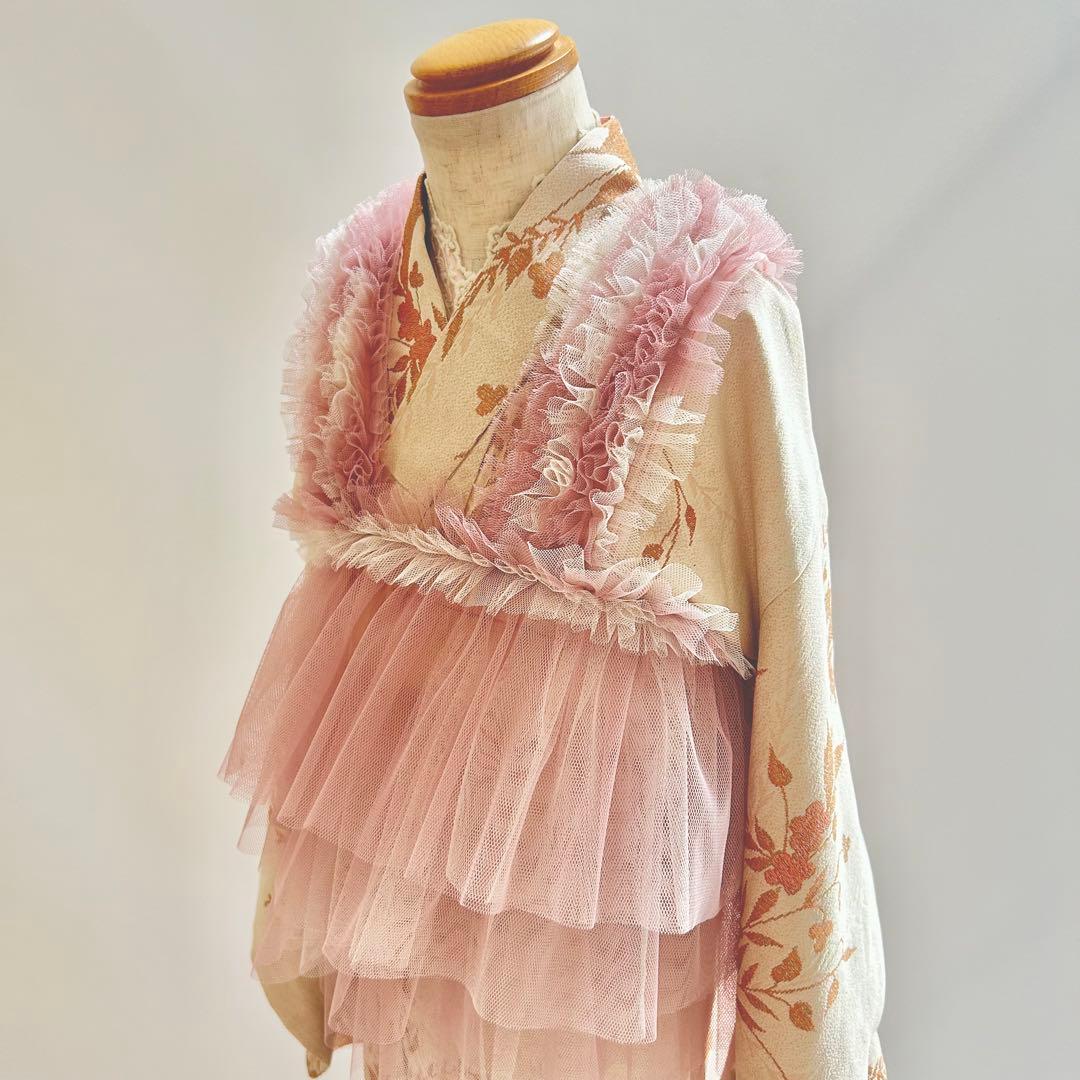 被布エプロン【ピンクベージュフリル】チュール被布　七五三　チュールドレス　被布