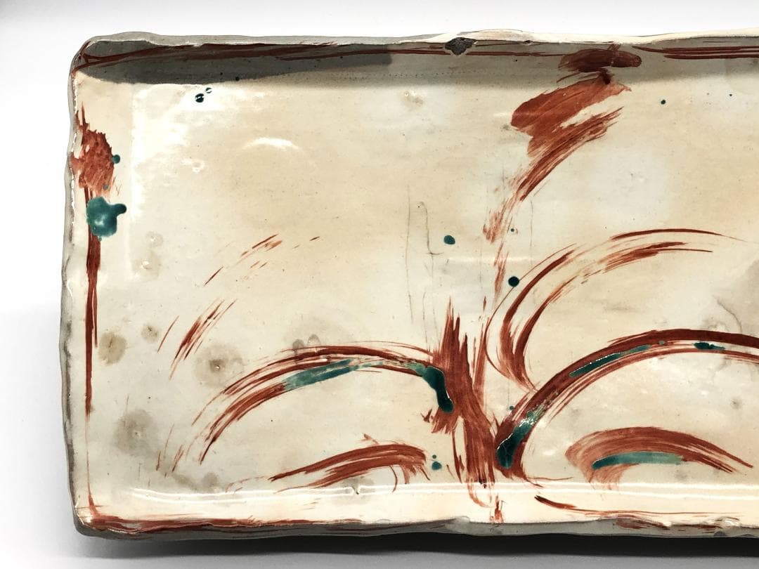 【 古陶磁赤絵 高台角皿 】　厚胎大皿　呉須赤絵/古清水　蔵出骨董