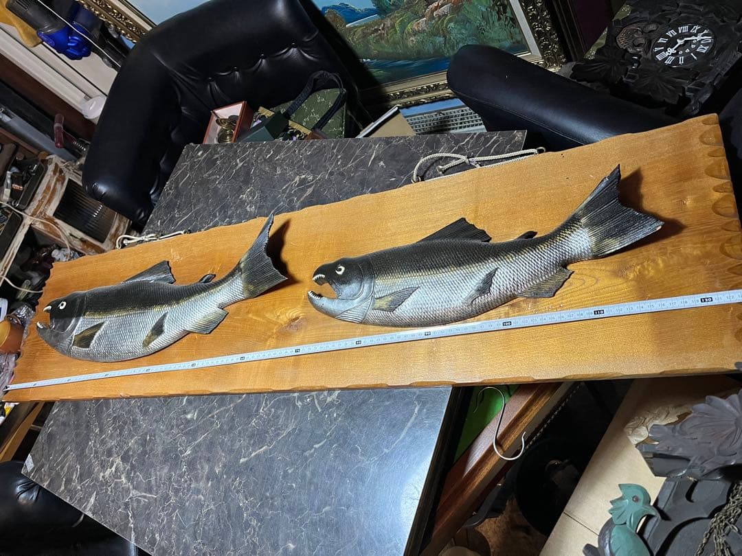 鮭の木彫り、鮭木彫り壁掛け、鮭壁掛け、鮭の雄雌壁掛け