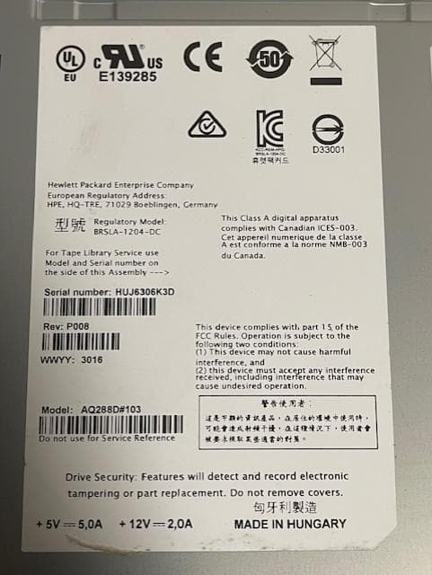 HP BRSLA-1204-DC/LTO-6 Ultrium内蔵型テープドライブ