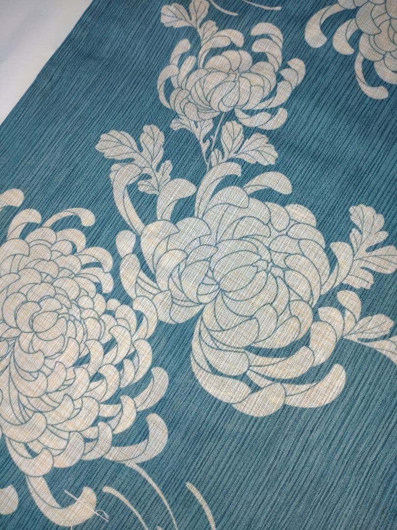 ✿新品未使用　綿麻浴衣　ターコイズブルー　大人浴衣　碧色　菊　ふくれ織半幅帯