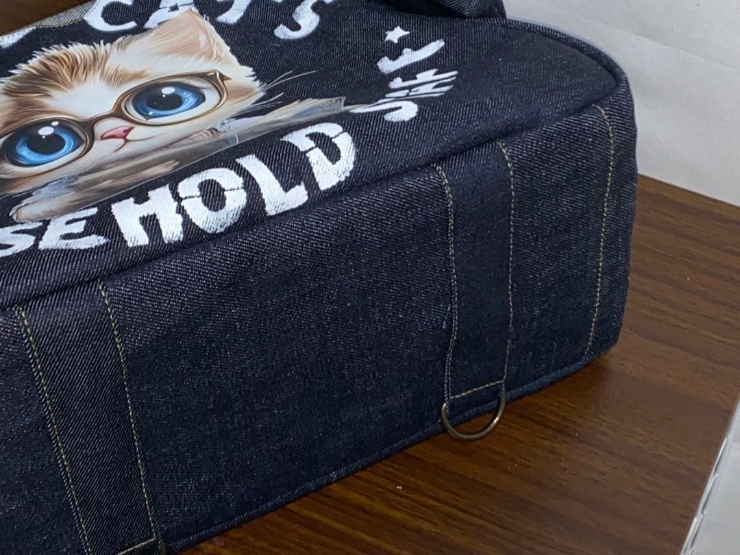 ☆岡山デニム☆メガネ子ネコ☆リュック対応☆4wayあおりバッグ