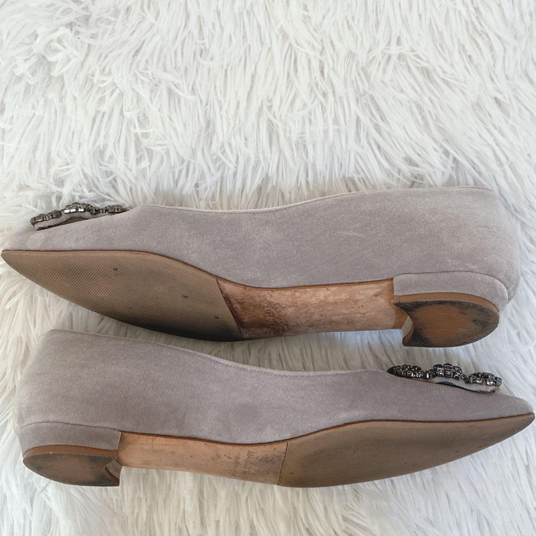 マノロブラニク　ハンギシ ビジュー　ベロア　35 パンプス　22cm グレー