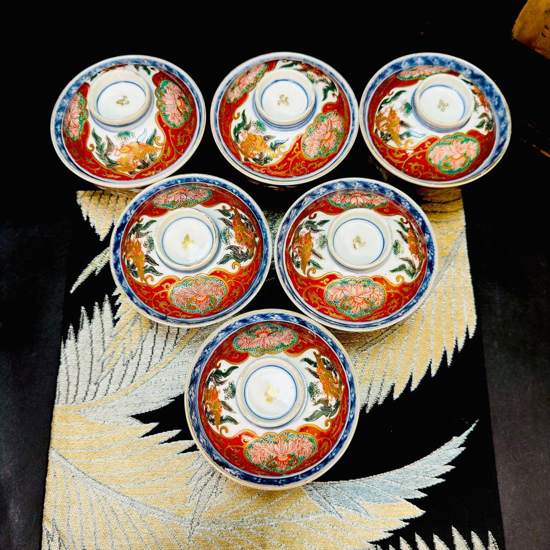 古伊万里　金蘭錦手　金彩鳳凰唐花草絵　蓋碗　蓋付き茶碗　明治　6客　木箱