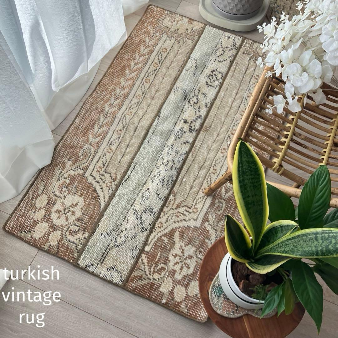 パッチワーク✳︎ 63×97✳︎キャラメル　マロンブラウン　トルコヴィンテージラグ