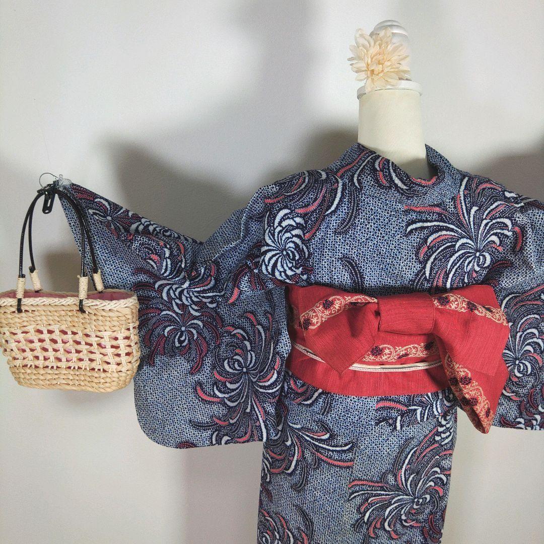 レトロ　レディース　浴衣　セット　身丈150cm　絞り柄　リップル　花柄　半幅帯