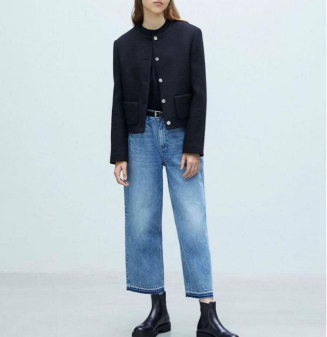 未使用級　23AW　セオリー　ノーカラーツイードジャケット　Ｌ　黒　クロップド丈