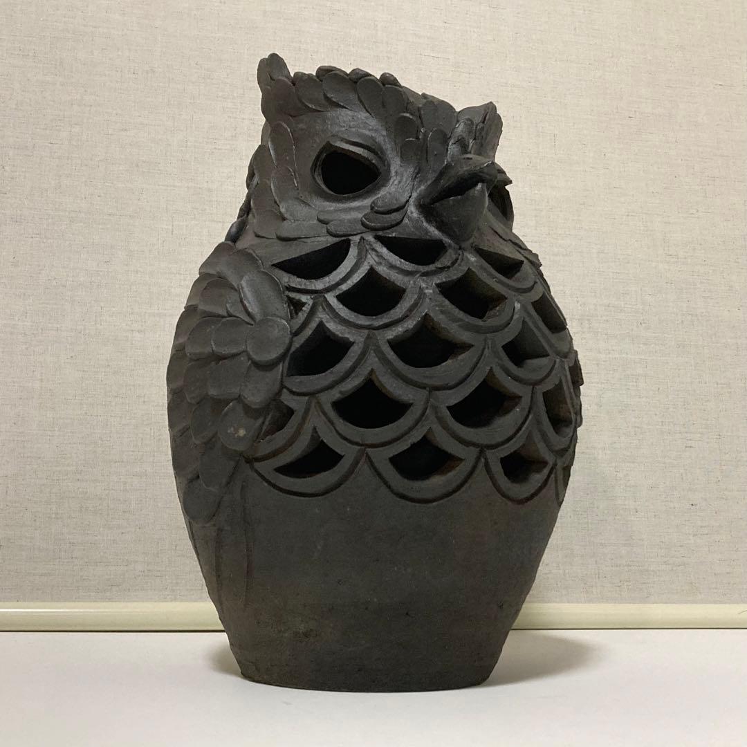 信楽焼 陶器 フクロウ 梟 置物 オブジェ 透かし 工芸品 モダン レトロ