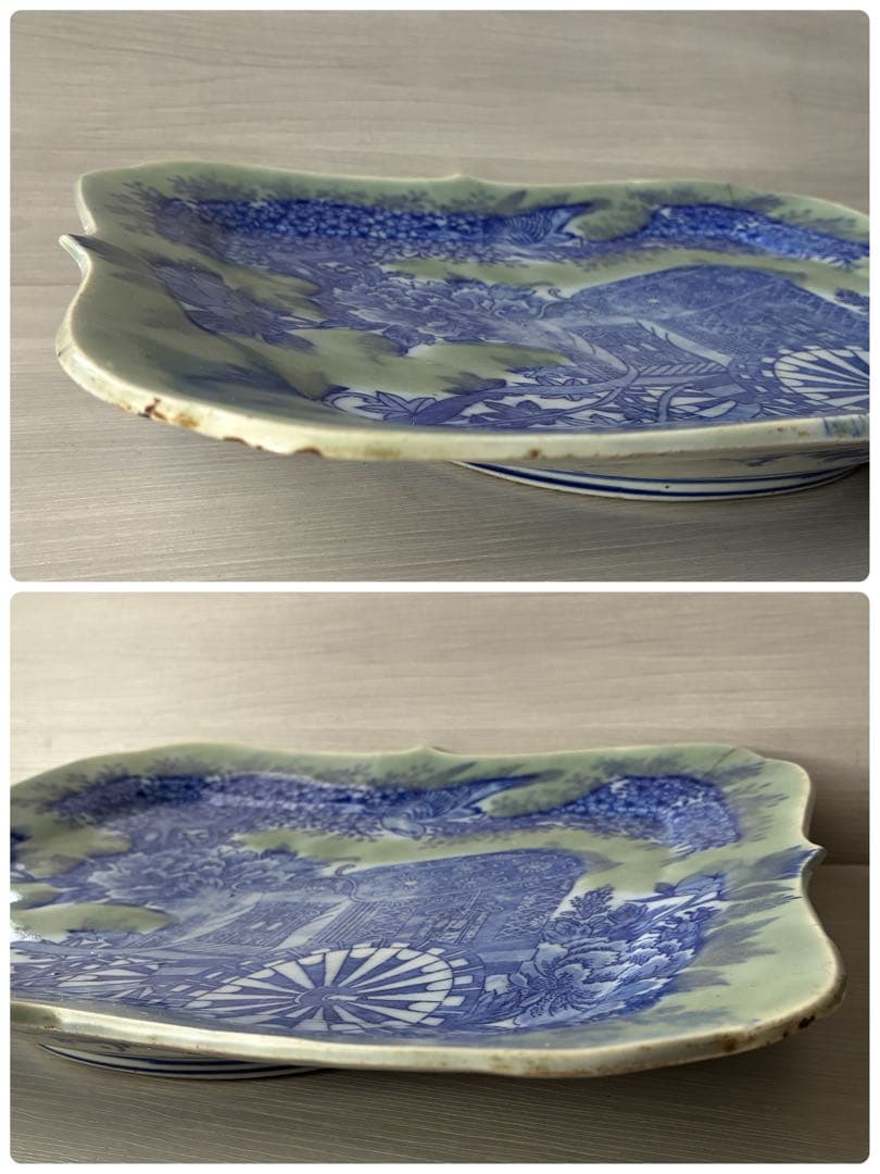 時代物 印判皿 特大皿　御所車 牡丹 枝垂れ桜 縁起物 骨董 大皿　金継ぎ用