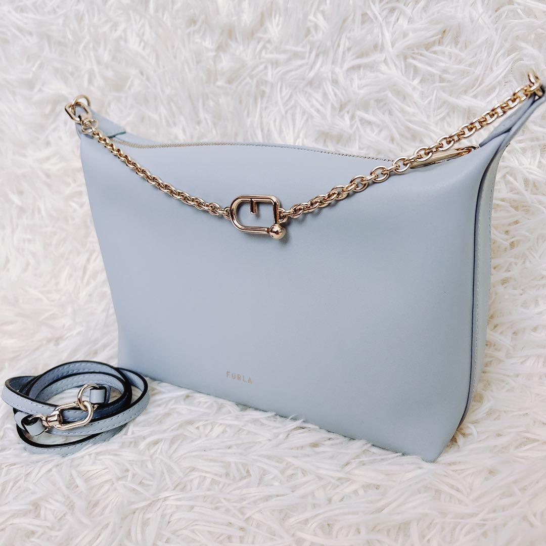 現行　フルラ　ヌヴォラ 2wayショルダーバッグ チェーン　レザー 水色