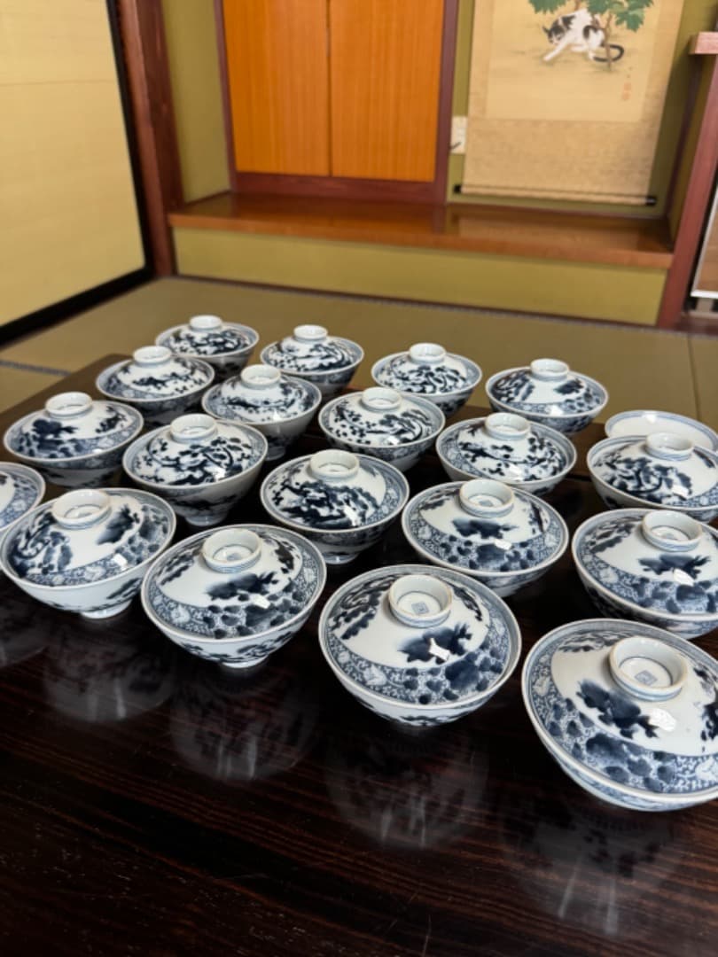 古伊万里 伊万里焼　染付総模様蓋付碗　19客　　江戸後期