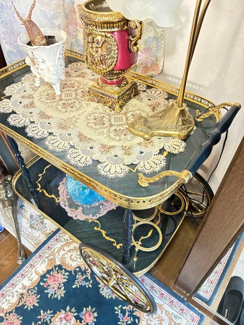 イタリア　象嵌 アンティーク風 サービングカート 黒金