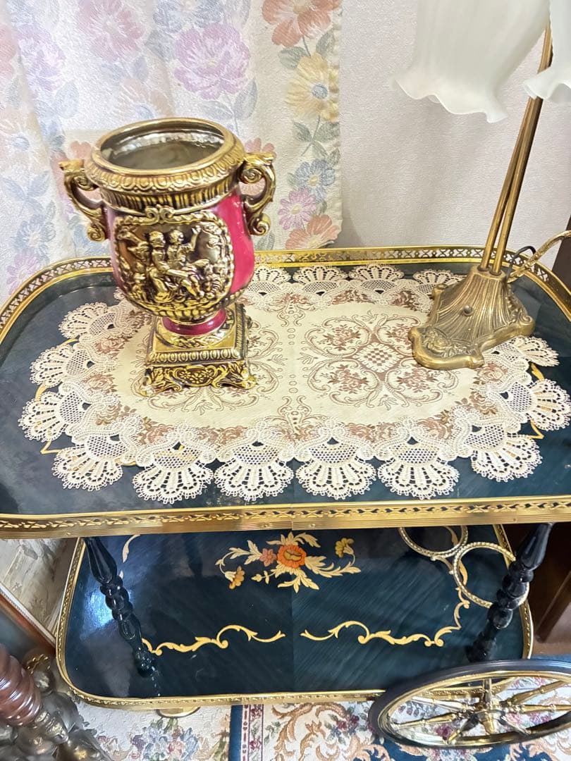 イタリア　象嵌 アンティーク風 サービングカート 黒金