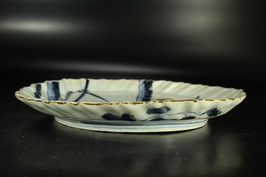 古美術 青花 染付 竹虎絵 皿 藍柿 古伊万里(K-YC553)