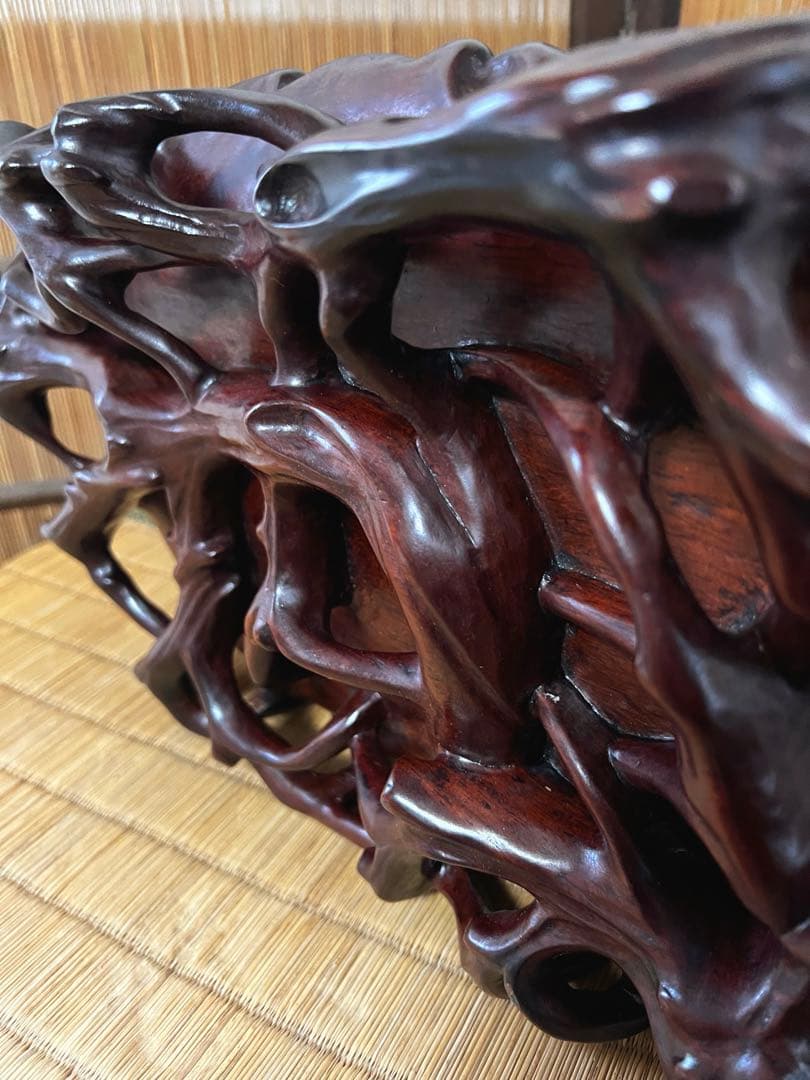 根卓 天然無垢材 透かし根彫り 花台 香台 盆栽台 約3㎏