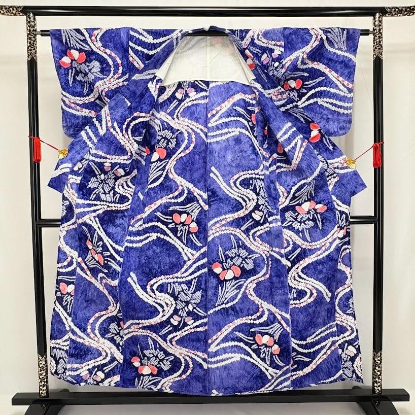 ゆりのはな　絞り浴衣　有松鳴海絞り　総絞り　浴衣　群青色系　綿　絞り　H105