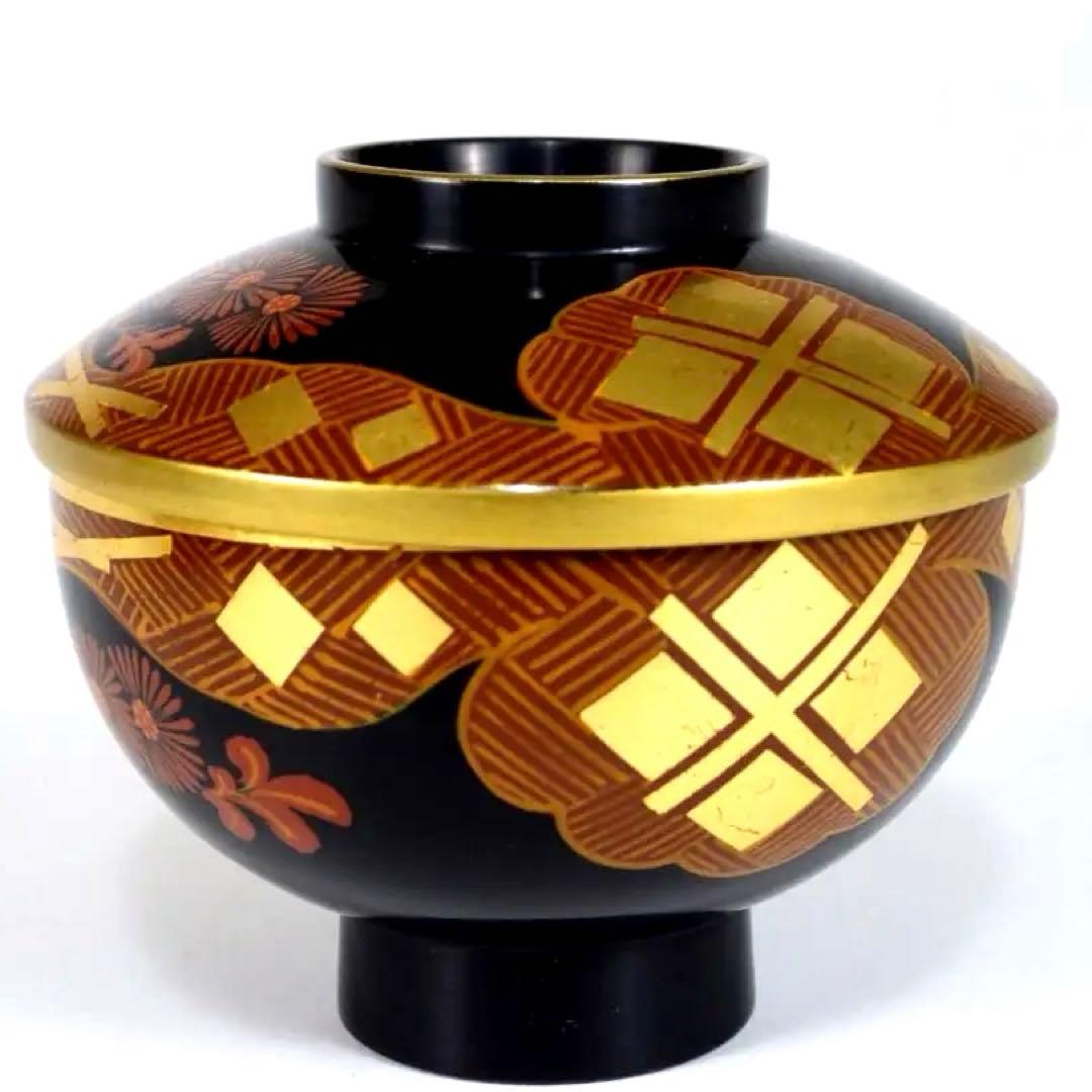 南部漆器 老舗光原社 秀衡塗 木製 金箔色漆　菱に梅文様　蓋碗十客　茶道具