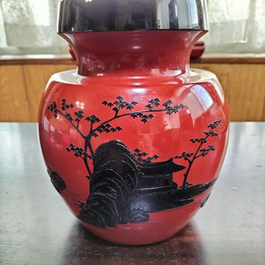 琉球漆器　飾り壷　角萬漆器　朱赤　黒　花瓶　螺鈿蒔絵