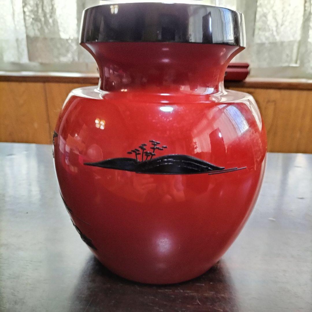 琉球漆器　飾り壷　角萬漆器　朱赤　黒　花瓶　螺鈿蒔絵