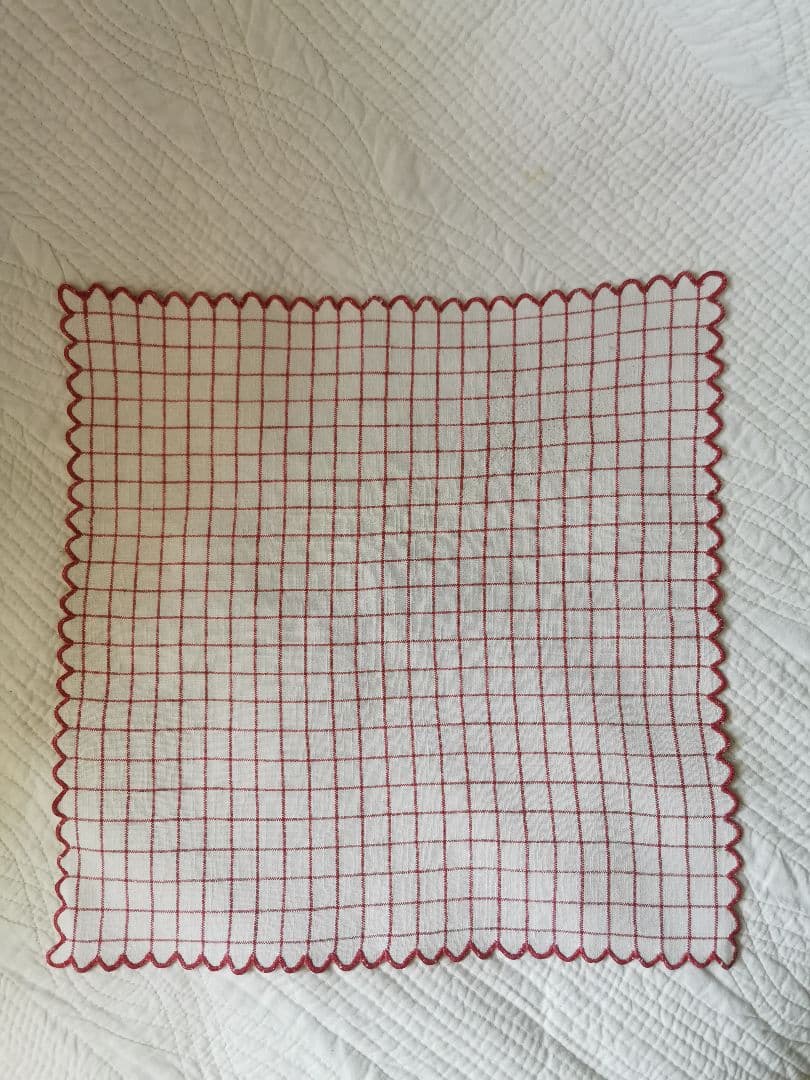 アンティーク フランス グラフチェック＆花弁スカラップリム刺繍 リネンクロス β