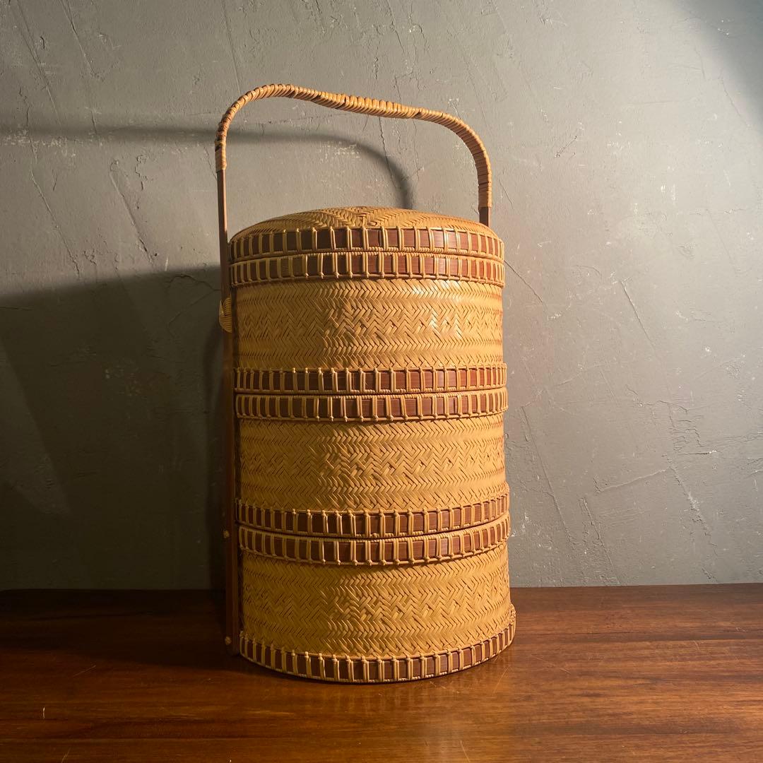 時代物 竹製 三段弁当箱 ランチボックス 手編み 美品 稀少 ピクニック