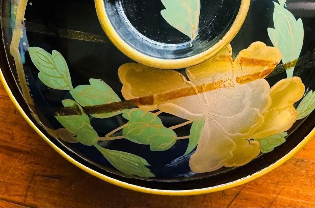 黒漆金彩花文溜塗吸物椀　お吸い物　　黒漆椀　木製椀3客セット　祝膳に　溜め塗り