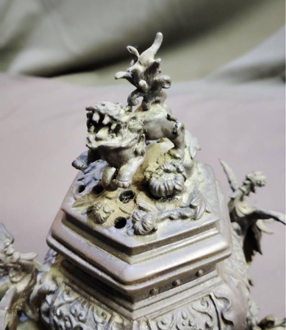 古銅　古い香炉　元成作　獅子飾り付蓋　鳳凰耳飾　獅子三足　彫金　六角形の香炉　銘