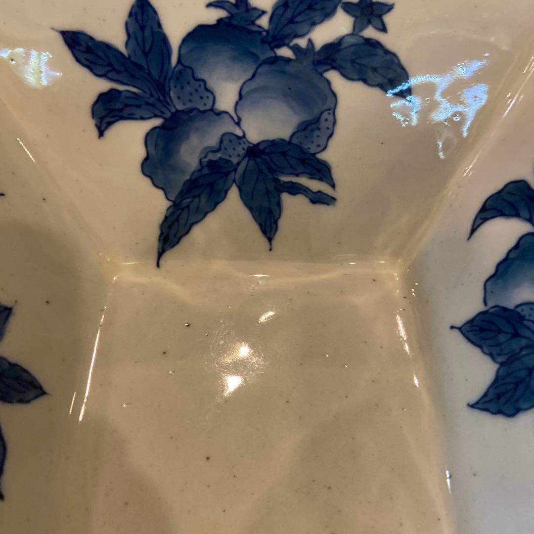 福泉窯昭和期枇杷絵付緑釉四角深鉢