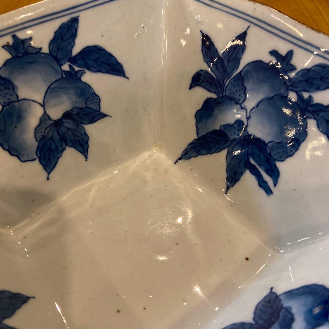 福泉窯昭和期枇杷絵付緑釉四角深鉢