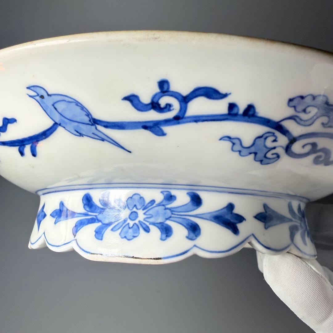 江戸期　古伊万里　染錦貝青海波文高台皿　裏唐草鳥文　珍しい絵付　古美術　蒐集家