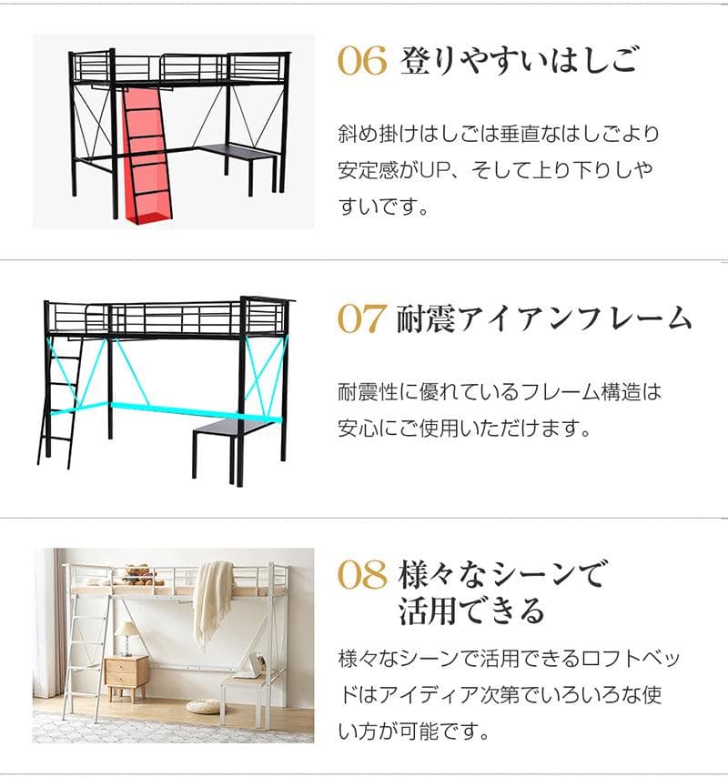 人気再入荷！ロフトベッド（S）コンセント・ローデスク付き耐荷重150kgブラック