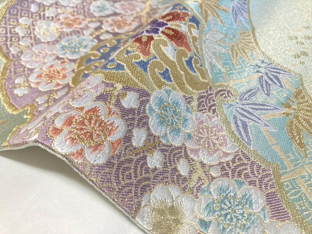 西陣織 唐織り 雪輪取り 銀通し 袋帯 正絹 白 ピンク 黄緑 パステル 716