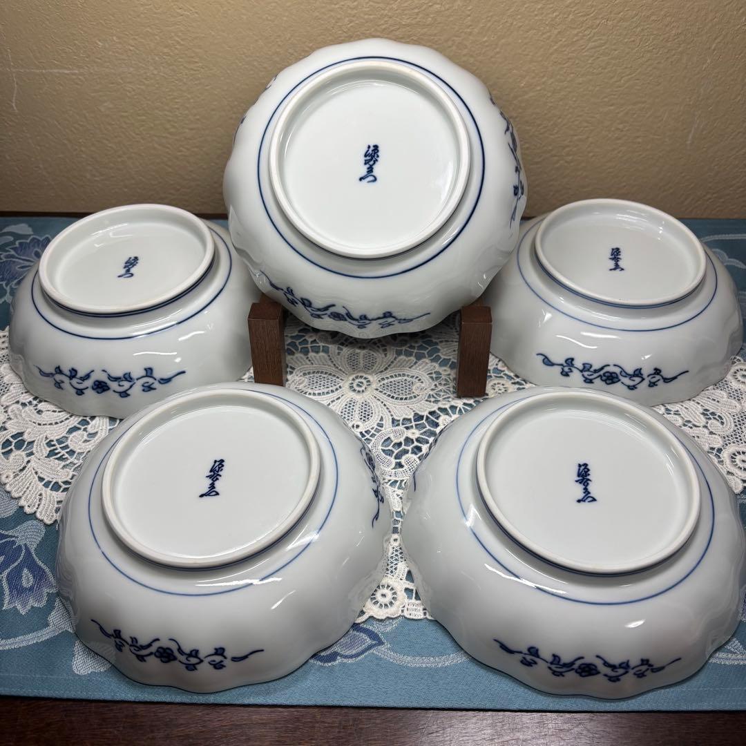 源右衛門窯　染付牡丹見込　吉祥　祥瑞　鉢　向付　5客1セット