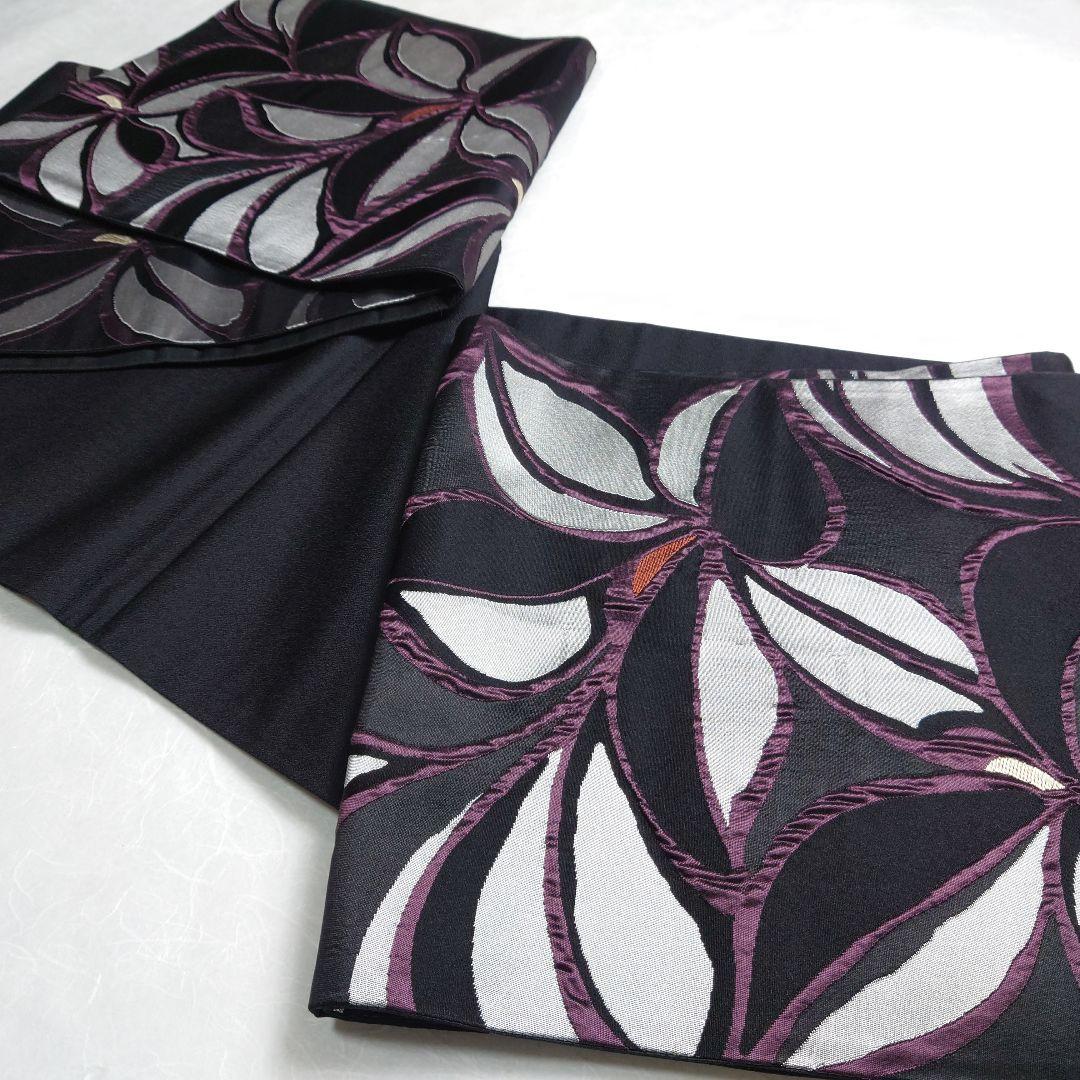 正絹 袋帯 六通柄 幾何花 黒 ふくれ織 モノトーン クールビューティー 逸品