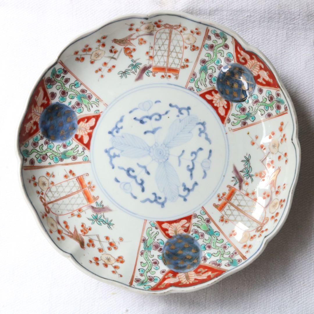 時代色絵伊万里　さわやかな赤絵に梅と鶯鳥籠図七寸皿プレート2枚 骨董古伊万里