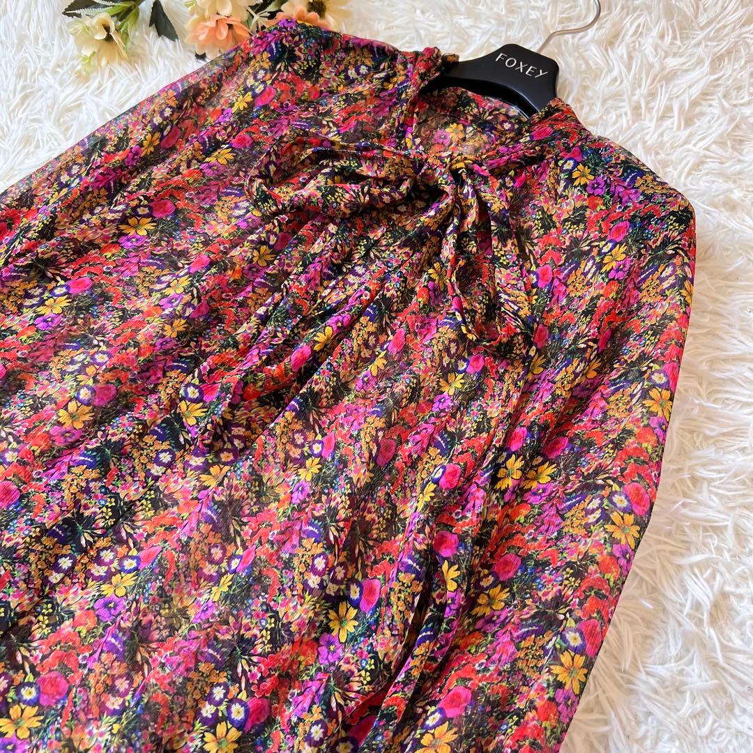 Drawer ドゥロワー フラワー プリント シルク リボン シアー ブラウス