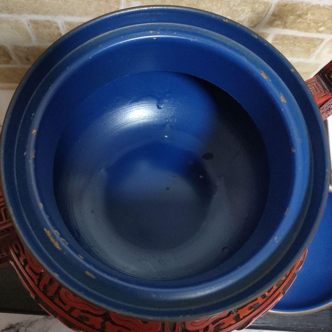 【希少】中国 堆朱 三足香炉 大香炉 香道具 獅子 細密彫刻 饕餮古獣紋32cm