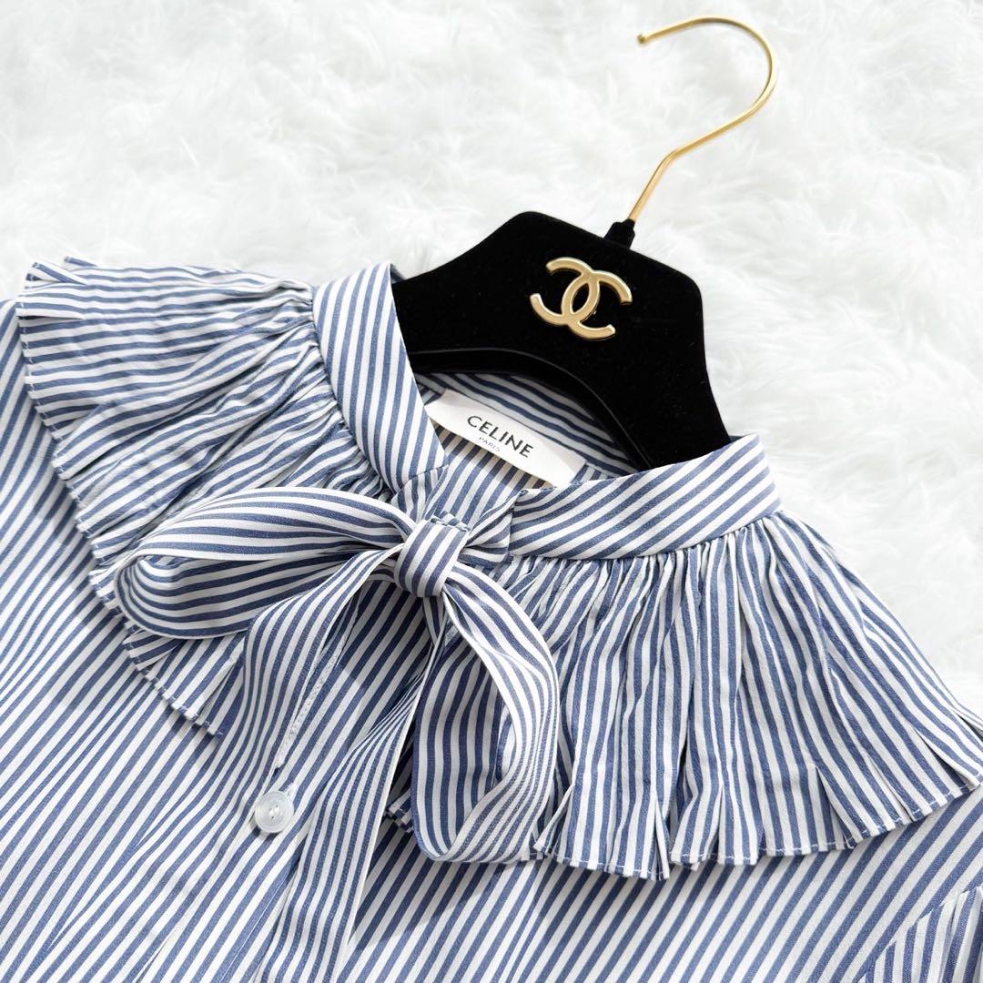 CELINE エディ期 ボウタイ付フリルカラーブラウス シルク ストライプ 34