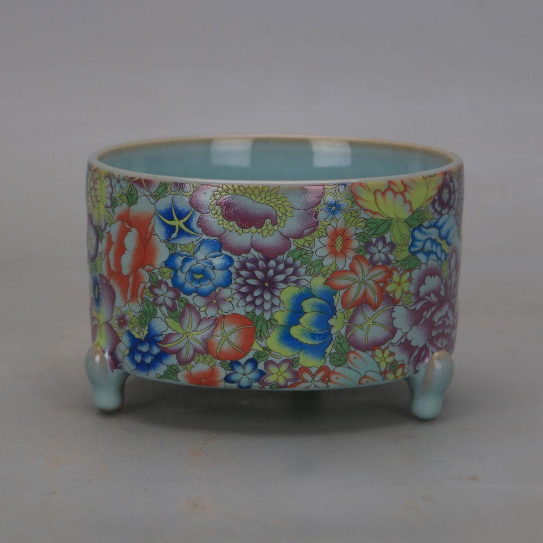 万花満工パステル三足香炉 景徳鎮 陶磁器 装飾品 現代工芸品 美術品 置物