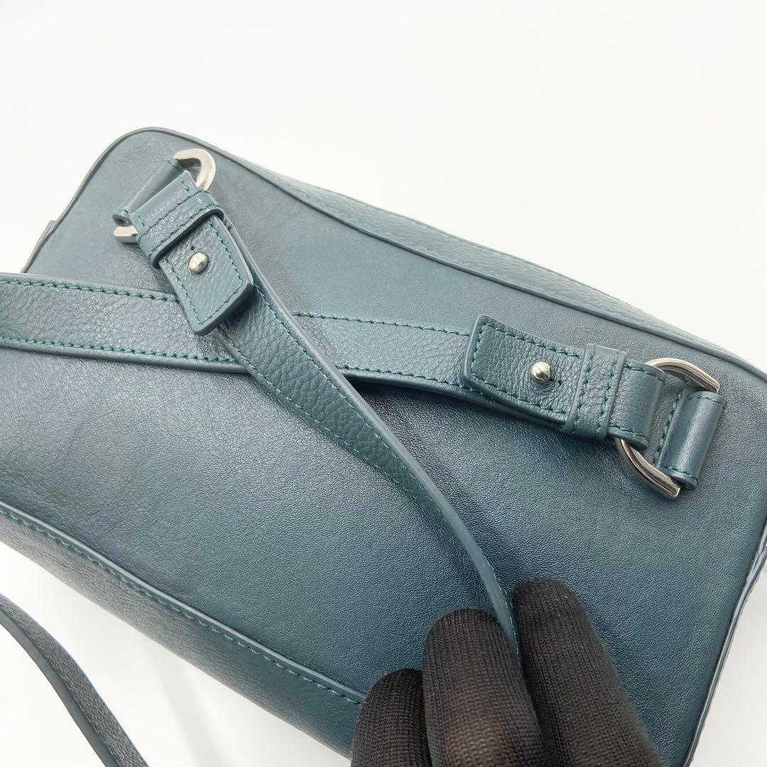 極美品　マザーハウス　リニア　ショルダーバッグ　レザー　グリーニッシュブルー