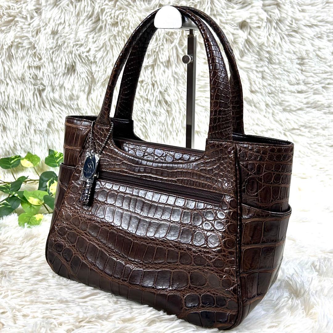 極美品✨JRAタグ センター取り マットクロコダイル トートバッグ 腹ワニ 濃茶