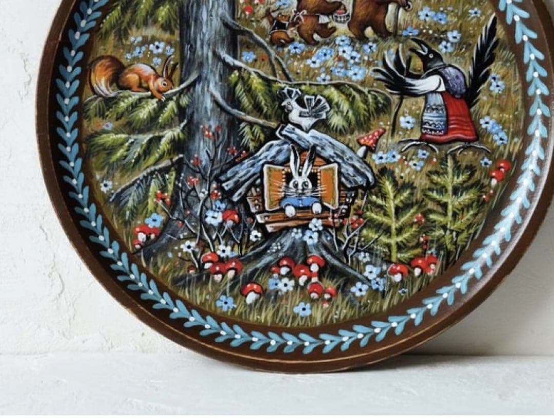 ロシア雑貨☆ロシア民話『３匹のクマ&白腹カササギ』木製飾り皿 マトリョーシカ