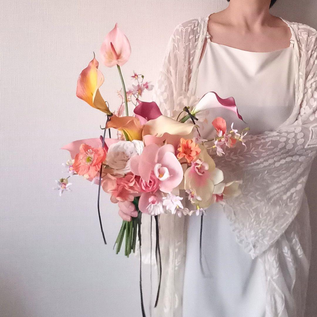 ピンク　オレンジ　イエロー　胡蝶蘭　カラー　アンスリウム　ウェディングブーケ造花