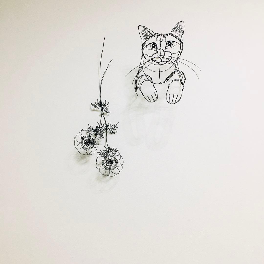 ワイヤーアート　ワイヤークラフト 花とねこ