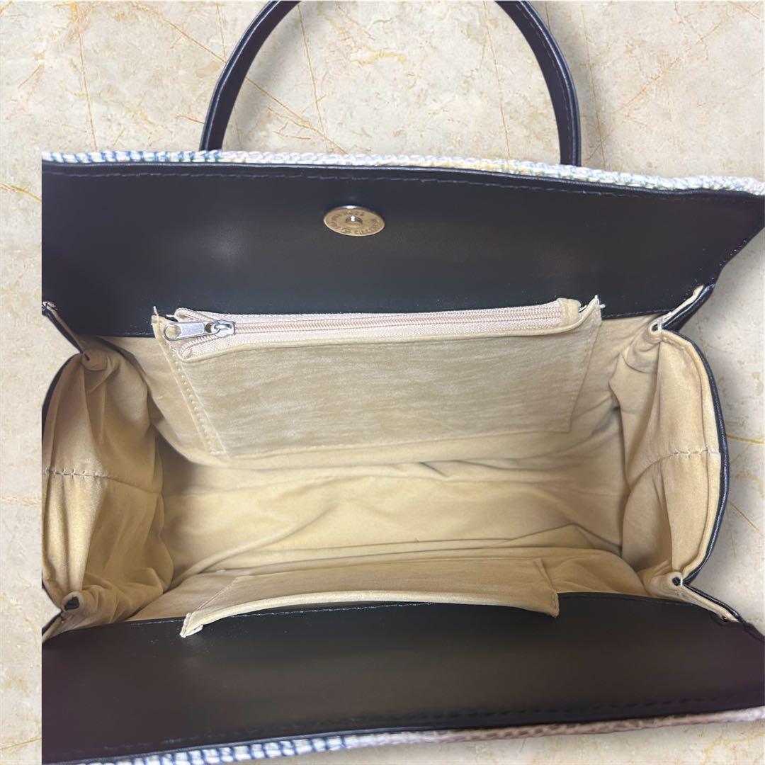 美品 利休バッグ 和装 フォーマル 上品織柄 黒持ち手 茶道 冠婚葬祭