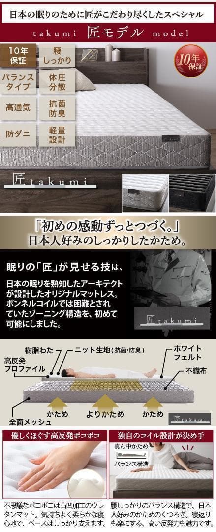 【peach】 ダブルベッド 収納 棚 2口コンセント マットレス付 RG